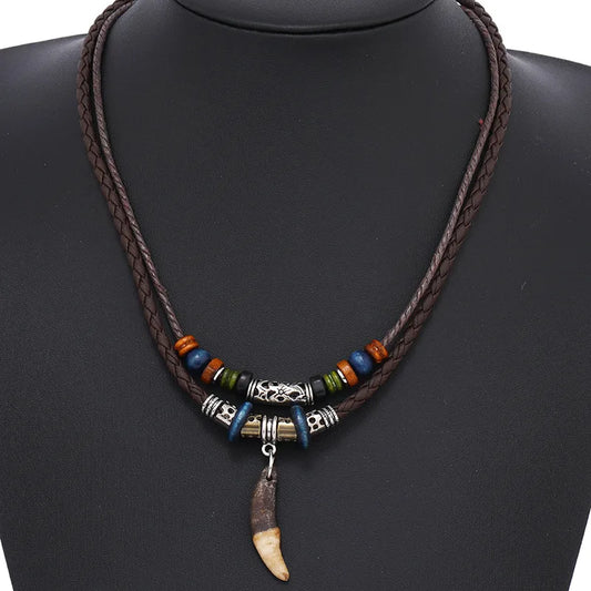 Fashion Men Women's Goth Multi-layer Vintage Wolf Tooth Pendant Leather Beaded Weaved Prayer Necklace Fashion Jewelry Necklaces