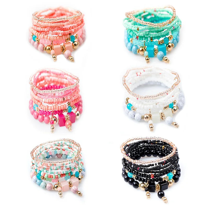 Bohemian Handmade Beads Bracelet Set for Women Summer Colorful Beaded Chain Bangle Girls Boho Fashion Jewelry Accessories