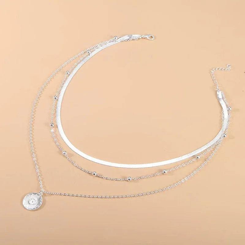 925 Sterling Silver Three-Layer Round Necklace Simple Snake Chain Charm Ball Chain Party Wedding Gift Women's Exquisite Jewelry