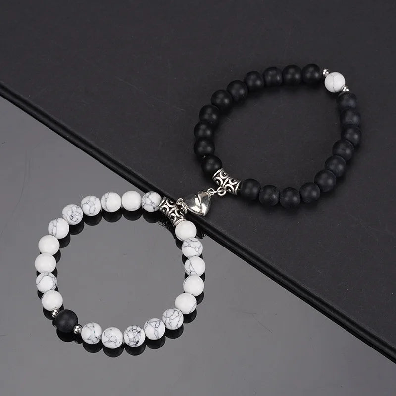 2Pcs/Set Natural Stone Beaded Heart Magnet Attraction Couple Bracelets For Women Men Simple Love Relationship Bracelet Jewelry