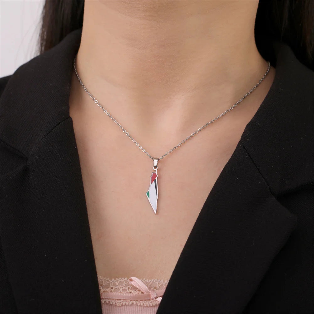 My Shape Palestine Map Flag Pendant Necklace for Women Men Stainless Steel Map Geography Necklace Choker Chain Jewelry Wholesale