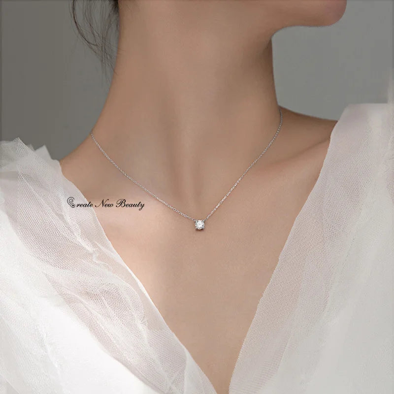 Temperament Shining Zircon Trendy Sterling Silver Choker Necklace Simple Chain Elegant Wedding Pendant for Women Jewelry Gift