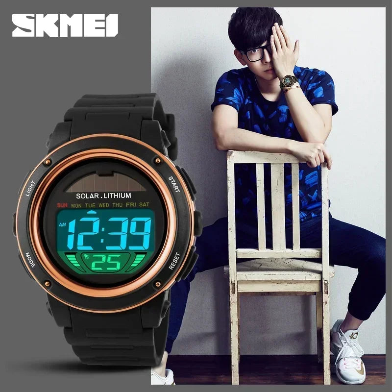 SKMEI 1096 Mens Chronograph Alarm 5Bar Waterproof Digital Watch reloj hombre Outdoor Sport Watch  Men Solar PU Strap watches