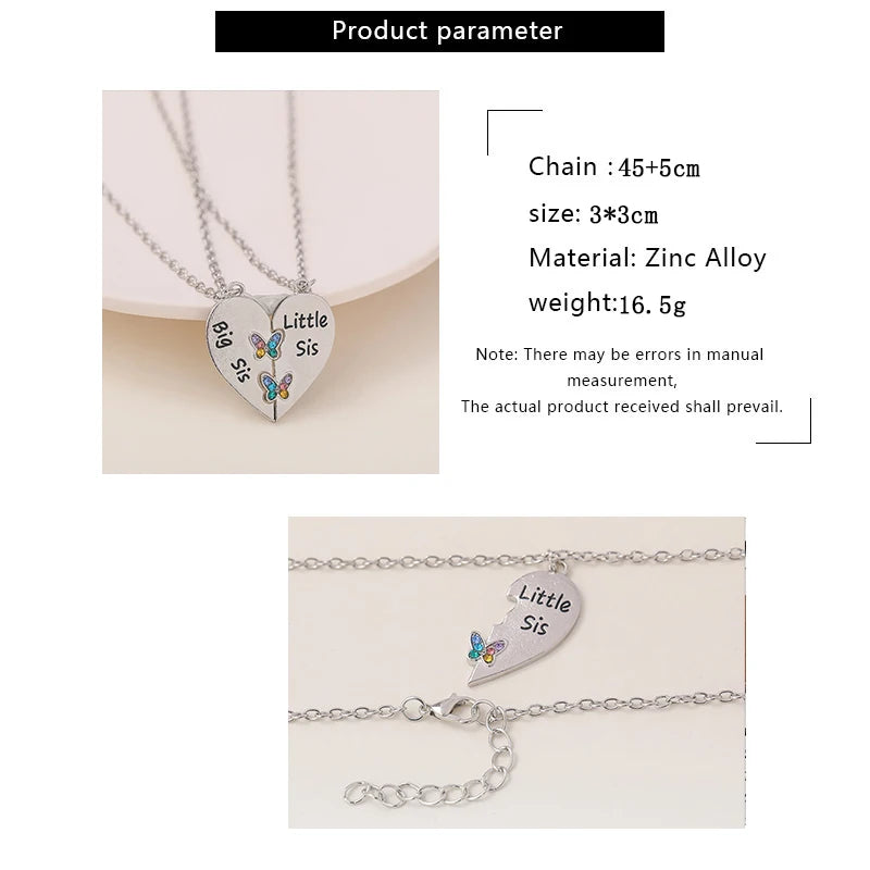 2 PCS Sister Necklace Big Sis Little Heart Stitching Pendant For Women Girl Butterfly Friendship Necklace Jewelry Banquet Gift