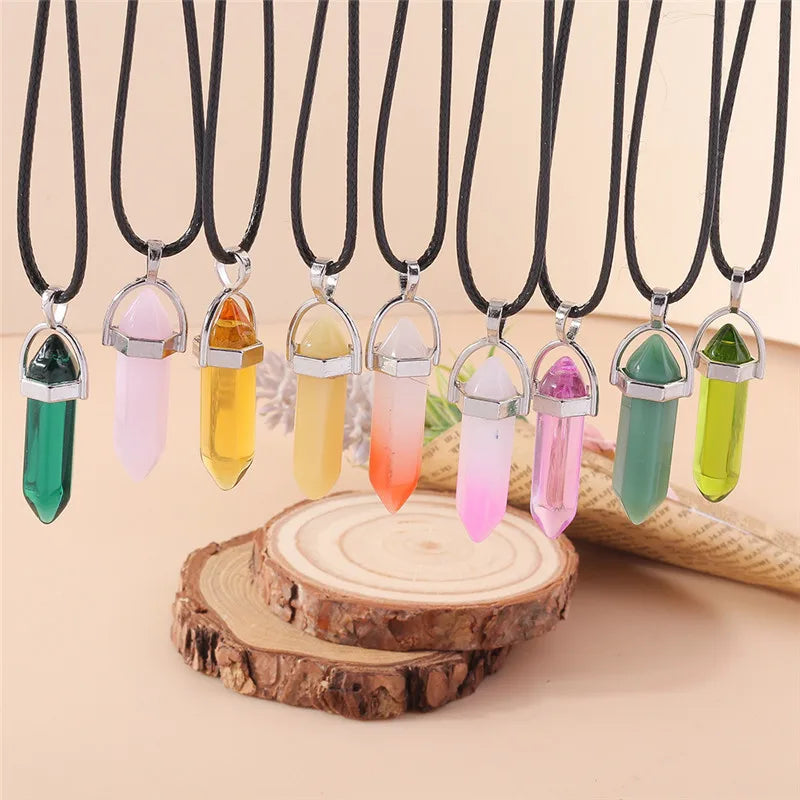 Natural Stone Quartz Lapis Opal Amethyst Pink Crystal Stone Hexagonal Column Pendant Necklaces Leather Chain Bullet Necklace