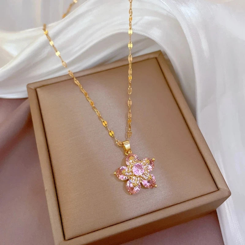 OIMG Stainless Steel Multiple Styles New Design Heart Flower Zircon Pendant Necklace for Women Girls Elegant Luxury Jewelry