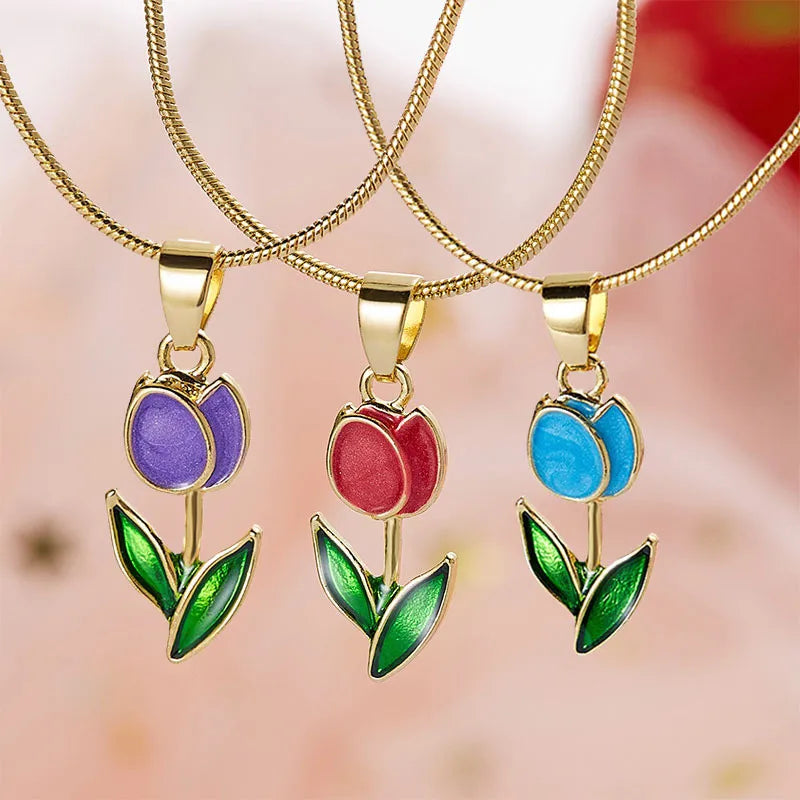 Vintage Elegant Enamel Tulip Flower Pendant Necklace For Women Fashion Young Girls Personality Accessories Clavicle Chain Choker