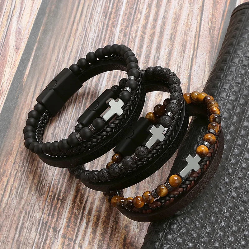 Vintage Multi-Layer Leather Bracelet Men Punk Cross Charm Tiger Eye Stone Beads Bracelet Fashion Braided Wrap Wristbands Jewelry