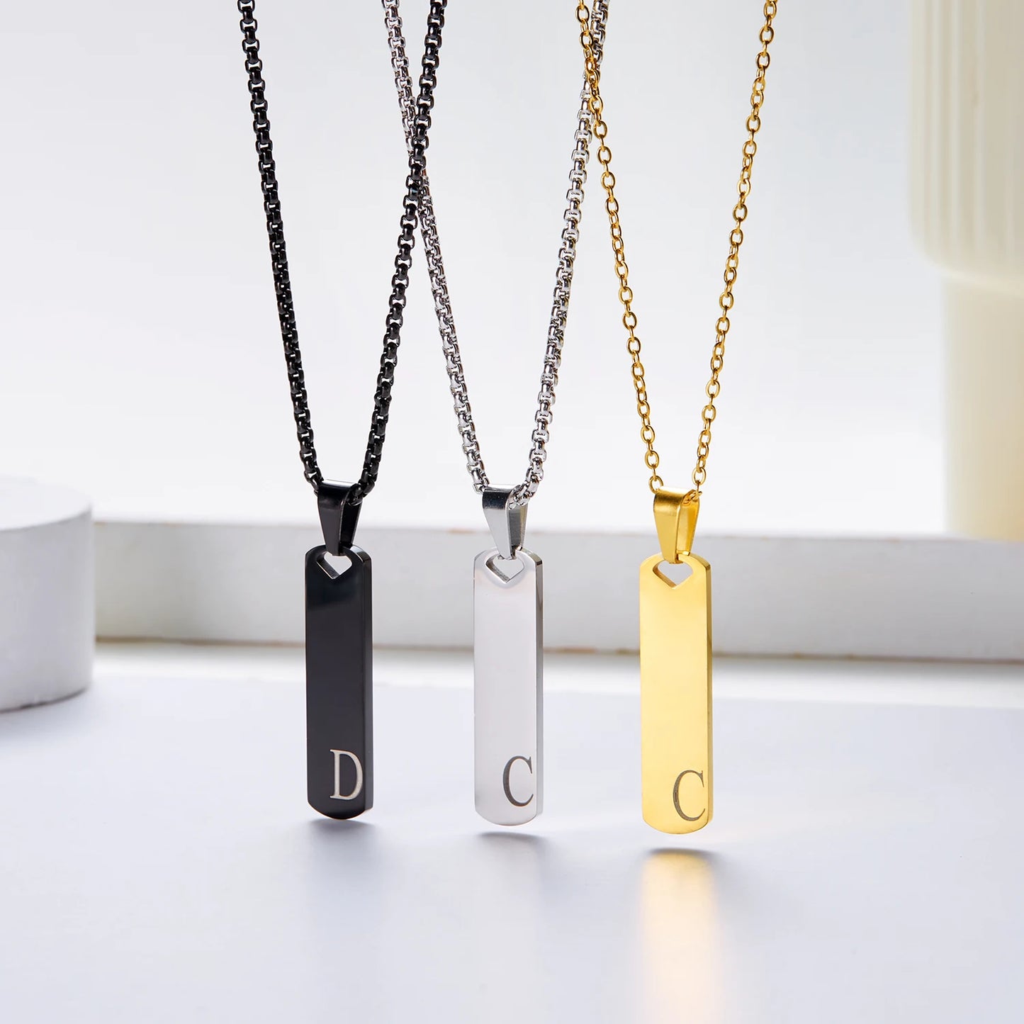 Vertical A-Z Initial Letter Bar Pendant Necklace For Women Men Unisex 26 Alphabet Stainless Steel Choker Cool Punk Jewelry Gifts