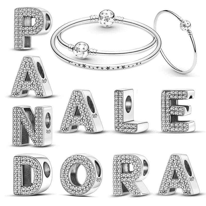 For Original Bracelets Plata De Ley 925 Classic Retro 26 Alphabet Letters Charms Beads For Women Bracelet Fine DIY Birthday Gift