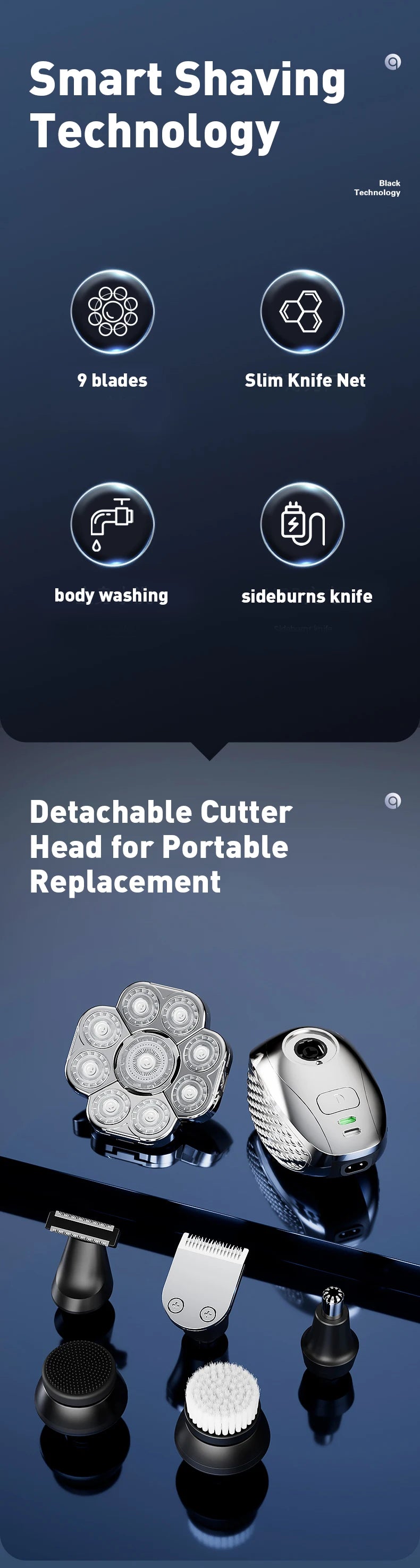 4D Head Shavers for Bald Men, Upgraded 9 Floating Heads 6-in-1 Rechargeable Waterproof Wet Dry Bald Head Shavers for Men