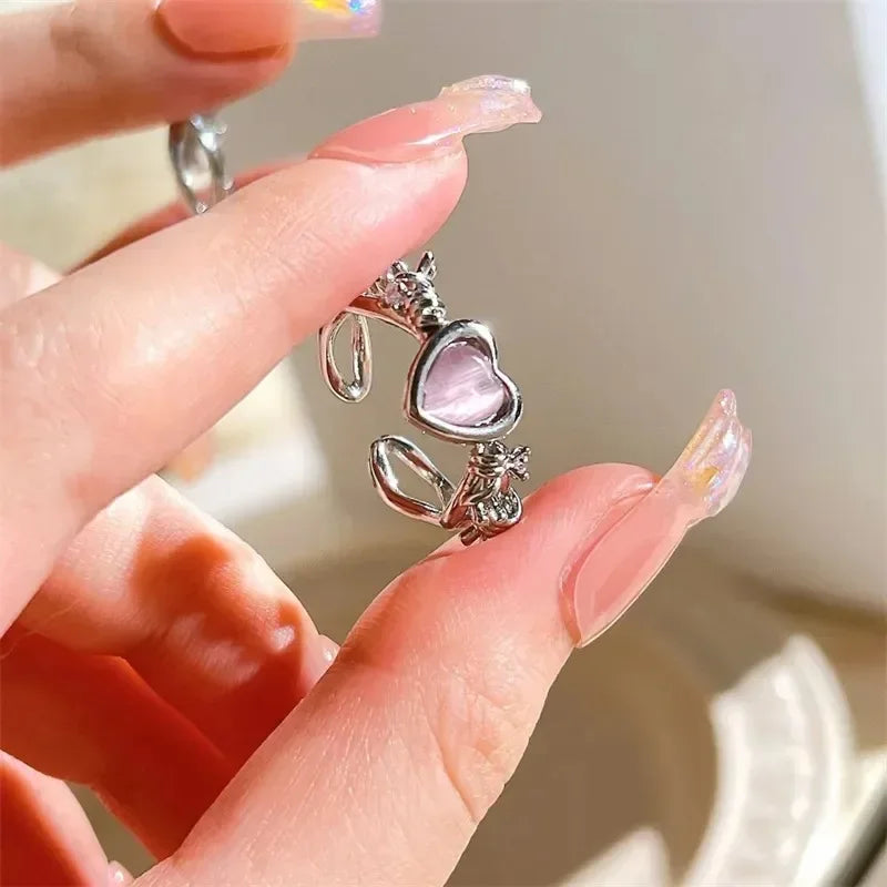 New 3pcs Fashion Love Heart Zircon Open Rings Set for Women Gothic Sweet Girls Geometric Finger Rings Jewelry Accessories