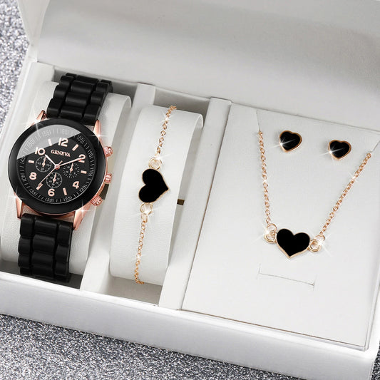 4pcs/set Geneva Watch Fashion Silicone Band Women Quartz Watches Heart Jewelry Set(Without Box)