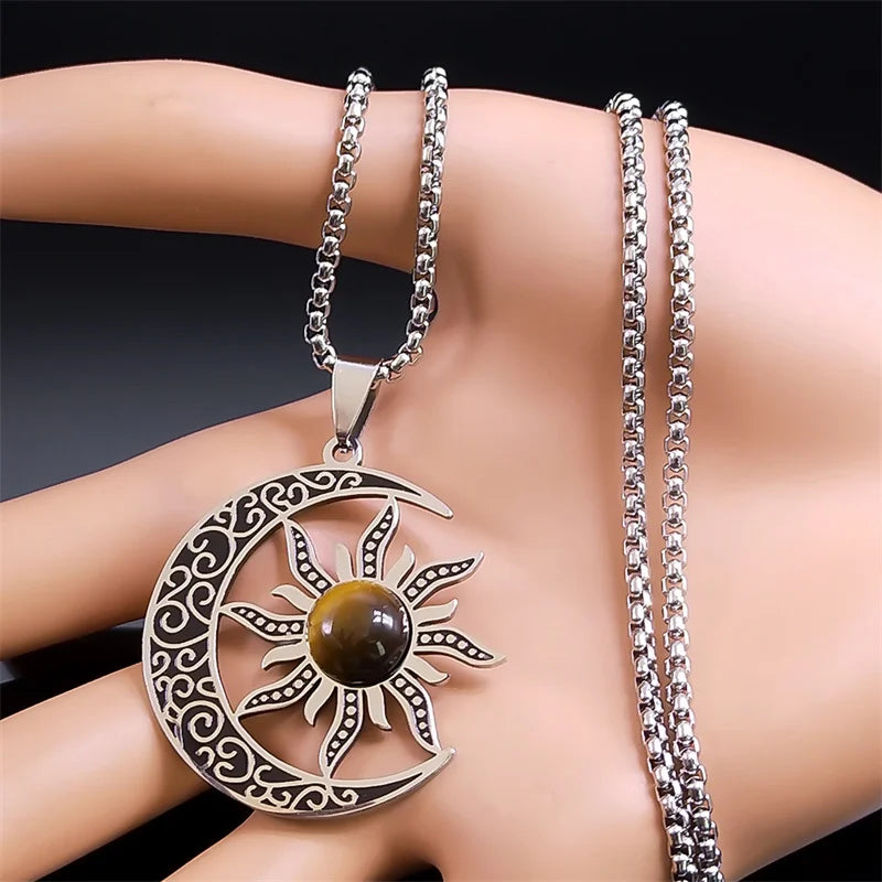 Witch Moon Sun Necklace for Women Men Stainless Steel Stone Occult Luna Crescent Wicca Chain Jewelry collares acero inoxidable