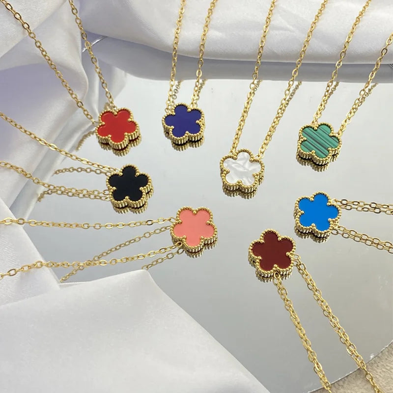 Double Sided Flowers Women's Stainless Steel Necklace Necklaces for Women Pendant Silver Color Clover Fashion Jewelry Party Gift