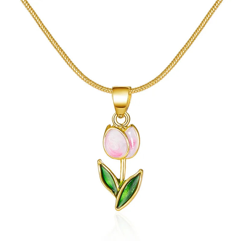 Vintage Elegant Enamel Tulip Flower Pendant Necklace For Women Fashion Young Girls Personality Accessories Clavicle Chain Choker