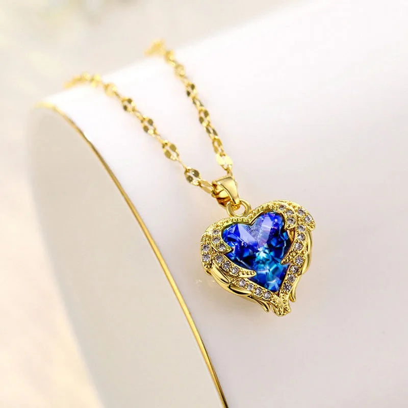 Luxury Colorful Crystal Ocean Heart Pendant Necklace For Women Korean Fashion Stainless Steel Neck Chain Female Wedding Jewelry