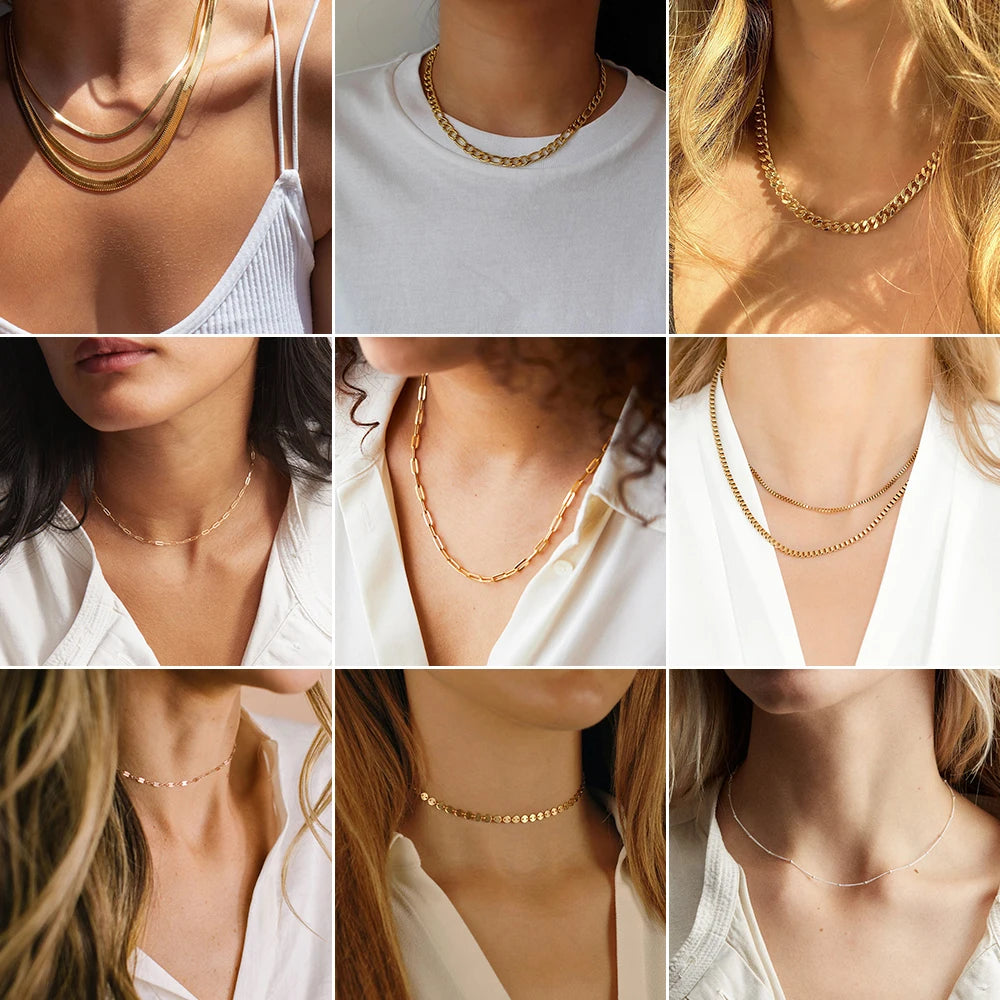 SUNIBI Stainless Steel Necklaces for Women Gold Color Basic Punk Link Chain Necklace Solid Metal Jewelry Wholesale/dropshipping