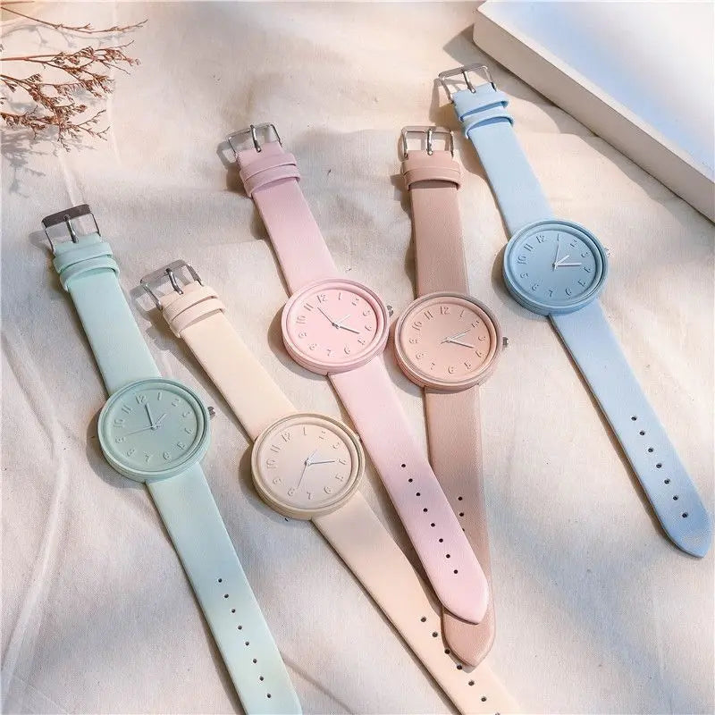 Fashion Makaron Simple   Women's Quartz Watch Ins High Beauty Student  Man And Women Style Round Leisure Vintage Wristbatch