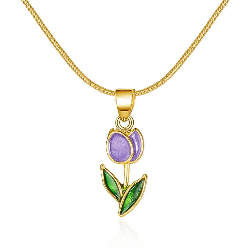 Vintage Elegant Enamel Tulip Flower Pendant Necklace For Women Fashion Young Girls Personality Accessories Clavicle Chain Choker