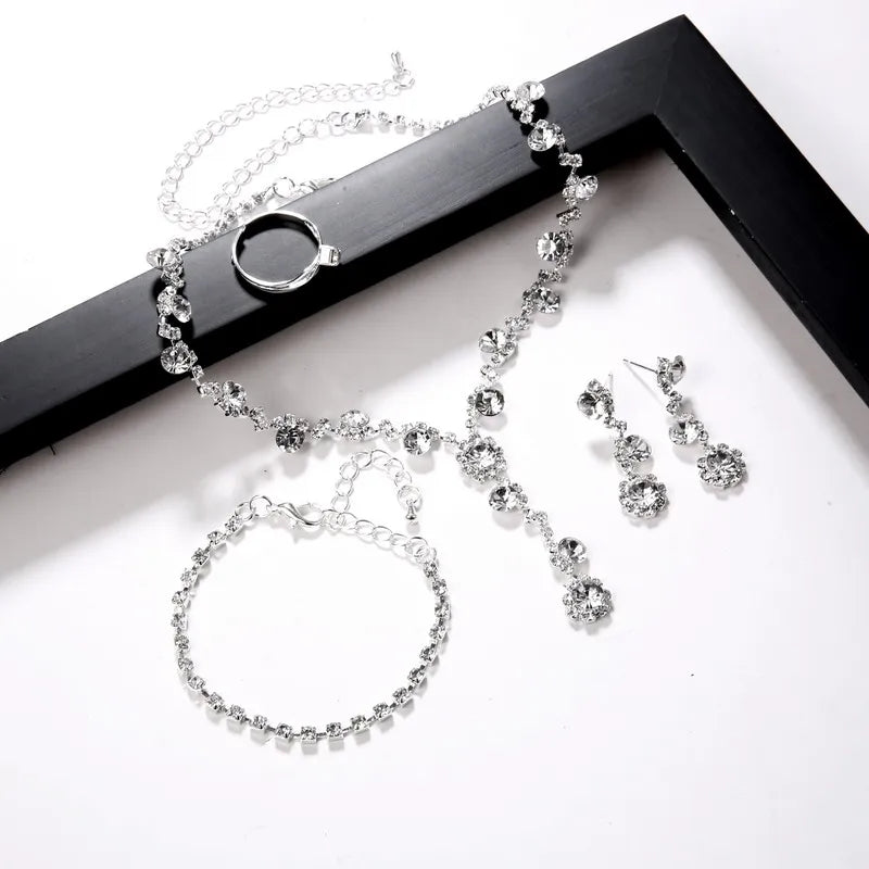 Women's Silver Color Fashion Wedding Jewelry Luxury Crystal Pearl Necklace/Bracelet/Ring/Earrings Ladies Jewelry Sets for Bridal