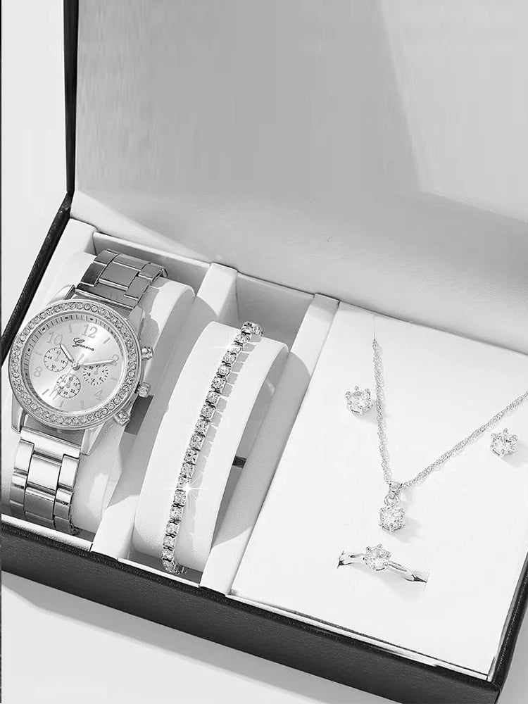 WOMEN'S Quartz Steel Band Watch + necklace + earrings + ring bracelet