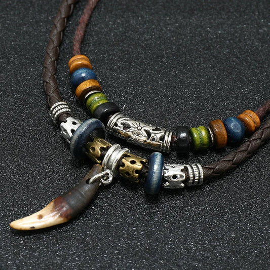 Bohemia Tooth Pendant Necklace for Men Women Beaded Weaved Leather Necklace Natural Style Initial Necklaces Jewelry Mens Gifts