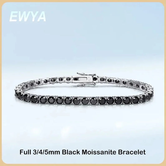 EWYA GRA Certified Real 3/4/5/6.5MM Full Black Moissanite Tennis Bracelet for Women Men S925 Silver Link Bracelets Fine Jewelry