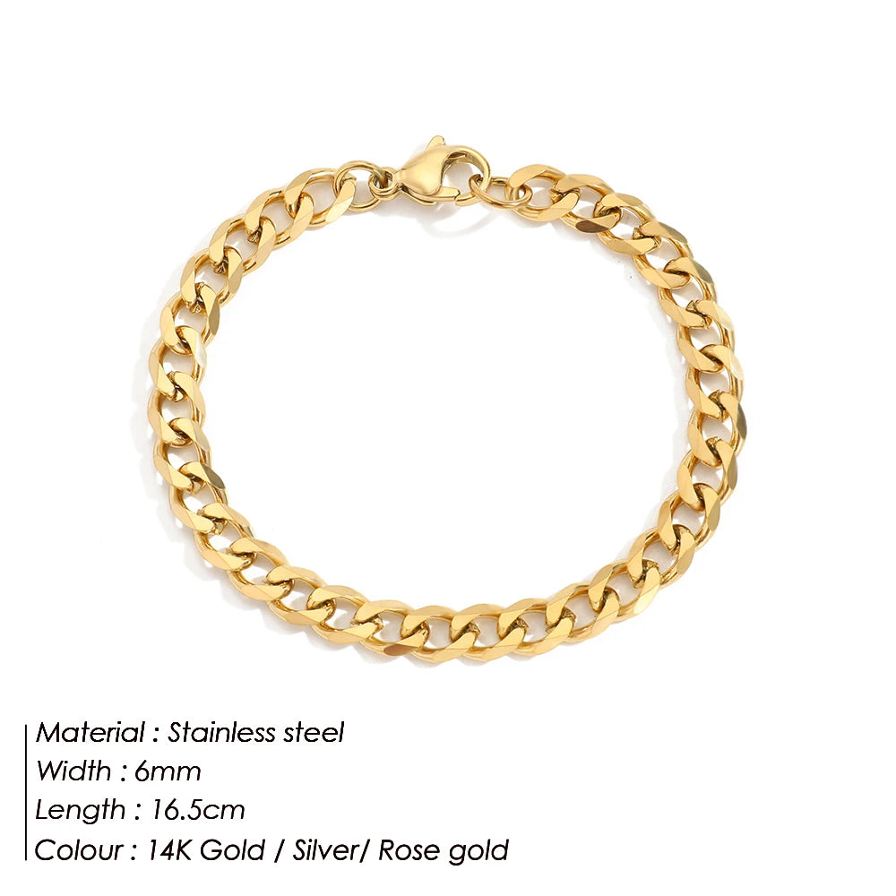 gold color Cuba chain charm bracelets for women Stainless steel link chain Lobster clasp snap button jewelry drop shipping