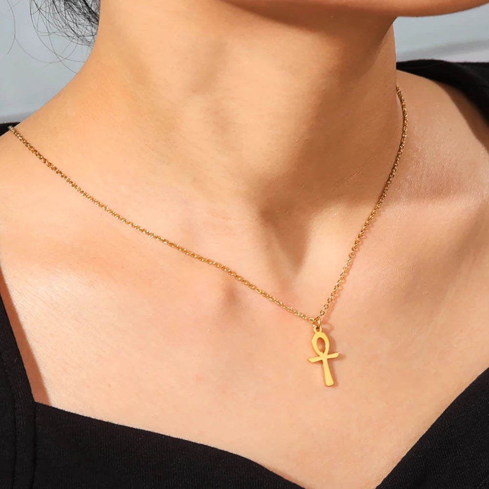 Lucktune Ankh Cross Egyptian Amulet Necklace Stainless Steel Key of Life Symbol Crucifix Pendant Necklace Women Religion Jewelry