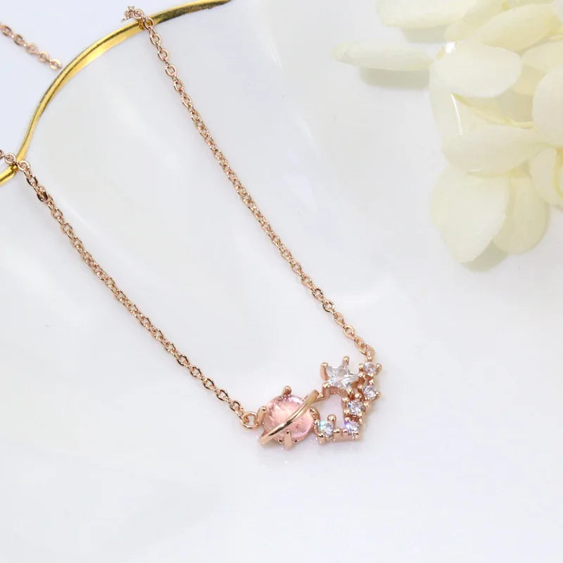 Pink Planet Meteor Shower Key Pendant Necklace Tiny Rose Gold Color Clavicle Chain Collar for Women Friendship Jewelry