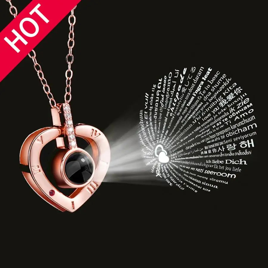 Love Heart Necklace 100 Languages I Love You Projection Pendant Jewelry For Mom Girlfriend Birthday Christmas Romantic Gifts