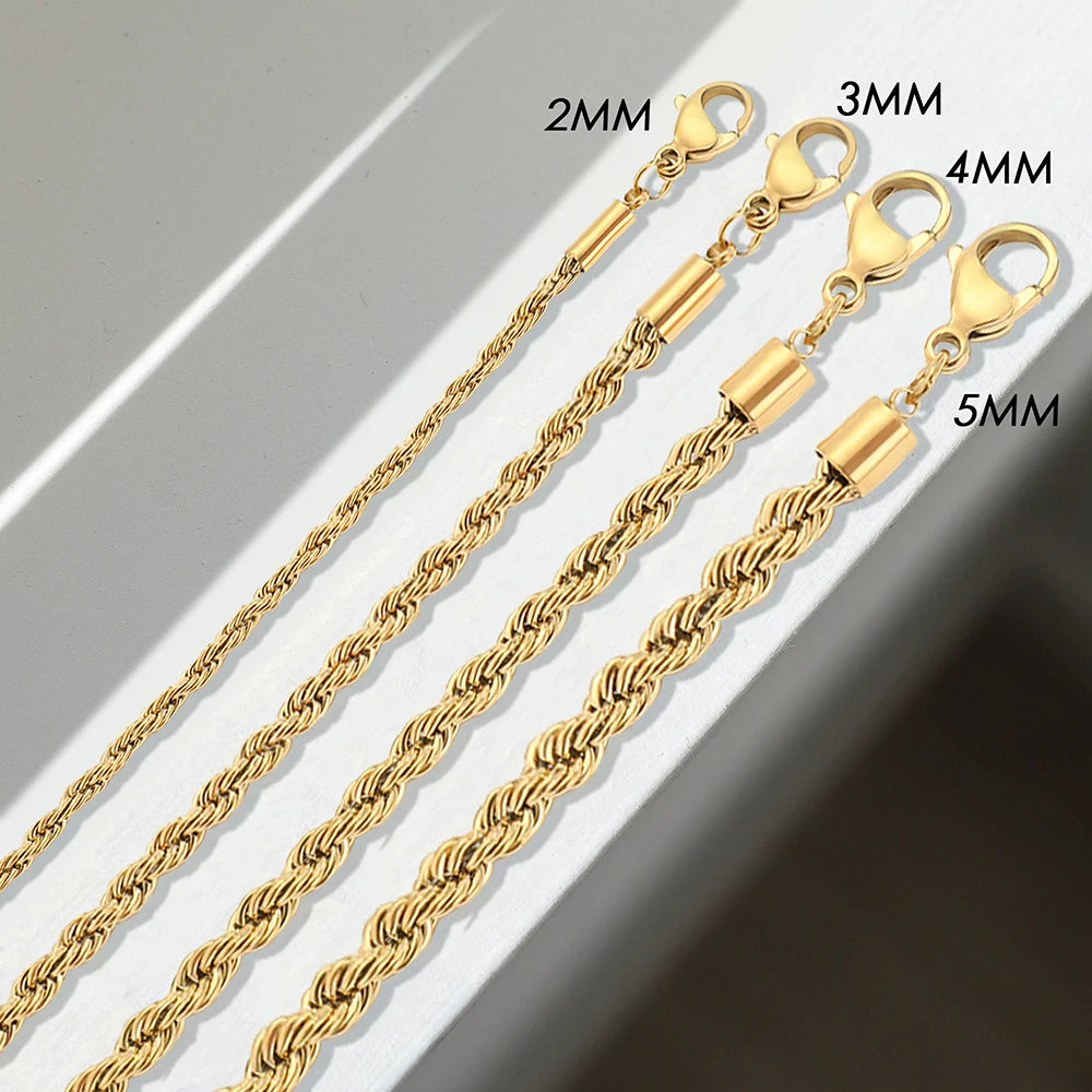 eManco Twisted  Rope Chian Bracelet for Woman Hip Hop Punk 4MM Gold Color Stainless Steel Gold Color Necklace Fashion Jewelry