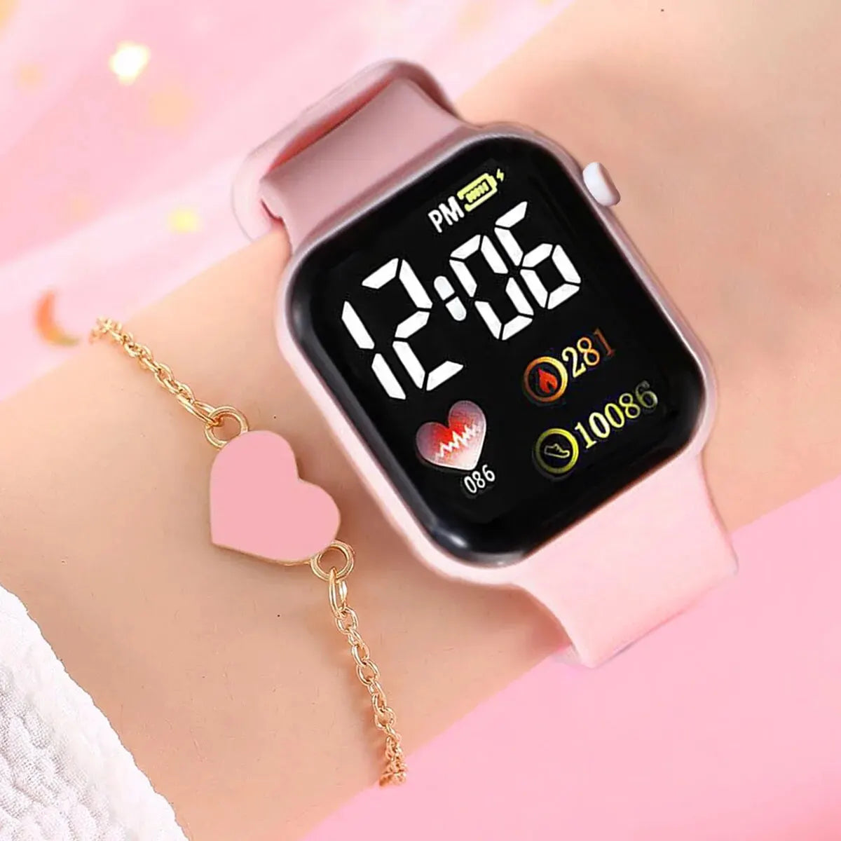 1pcs Ladies Love Pink Silicone LED Electronic Watch +1pcs Unicorn Crystal Bracelet Set for MOTHER'S Day Exclusive Gift