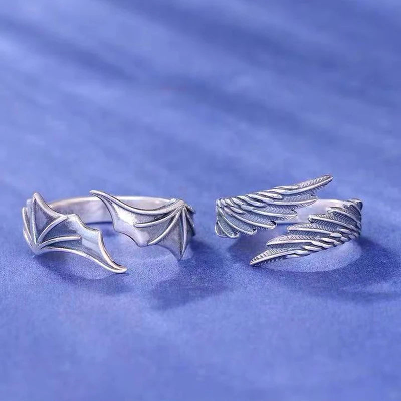 RAKOL Angel Wings Retro Open Ring Set For Lovers Women Men Design Ancient Silver Devil Wings Couple Ring Party Jewelry