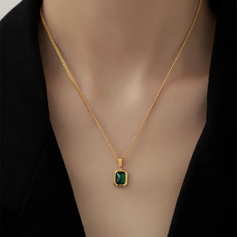 OIMG 316L Stainless Steel Gold Plated Emerald Zirconia Geometric Square Pendant Necklace For Women Girls Temperament Jewelry