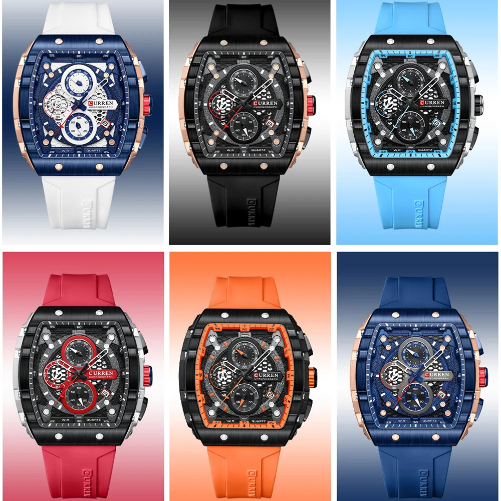 CURREN Sports Unique Rectangular Watches with Large Dial Casual Quartz Silicone Bands Wristwatches with Auto Date