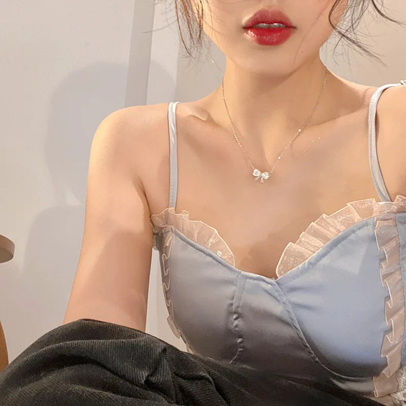 Kpop Elegant Fashion Simple Pendant Necklace Women Cute Charm Clavicle Chain Collar Chokers Vintage Sweet Bowknot Gift Jewelry