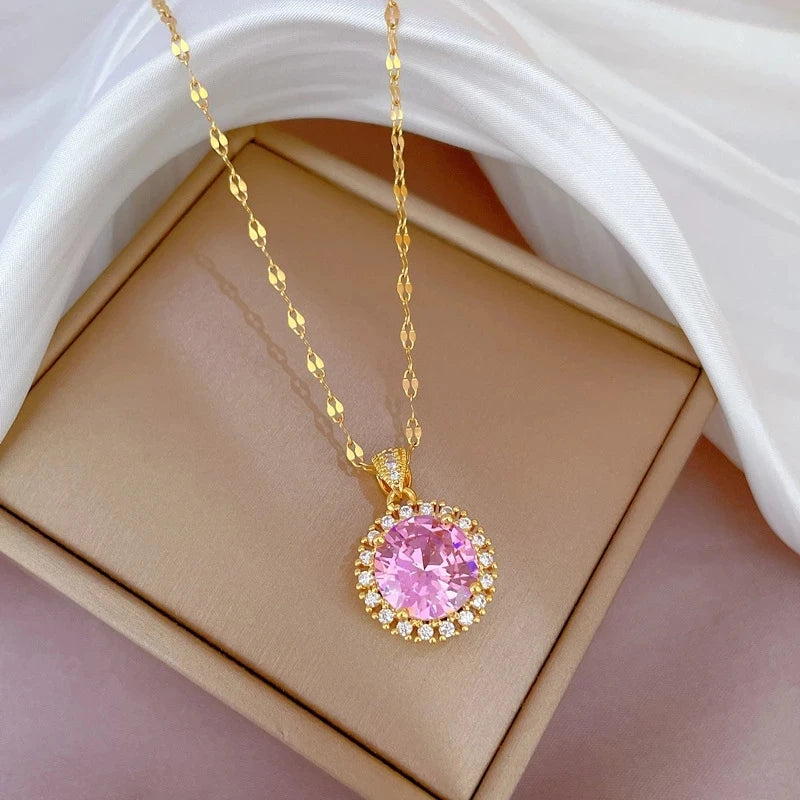 OIMG Stainless Steel Multiple Styles New Design Heart Flower Zircon Pendant Necklace for Women Girls Elegant Luxury Jewelry