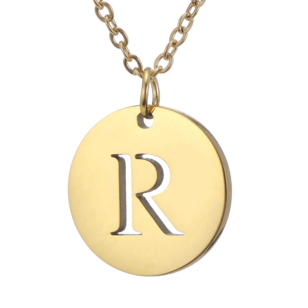 Amaxer Stainless Steel Necklace Fashion Gold Color Initial Charms Metal Round A To Z Letters For Women Single Name Jewelry Gifts