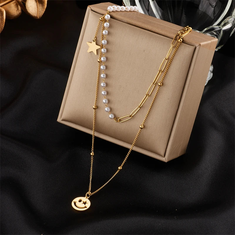 MEYRROYU316L Stainless Steel Geometry Star Moon Butterfly Pendant Multilayer Chain Choker Necklace For Women Wedding Accessories