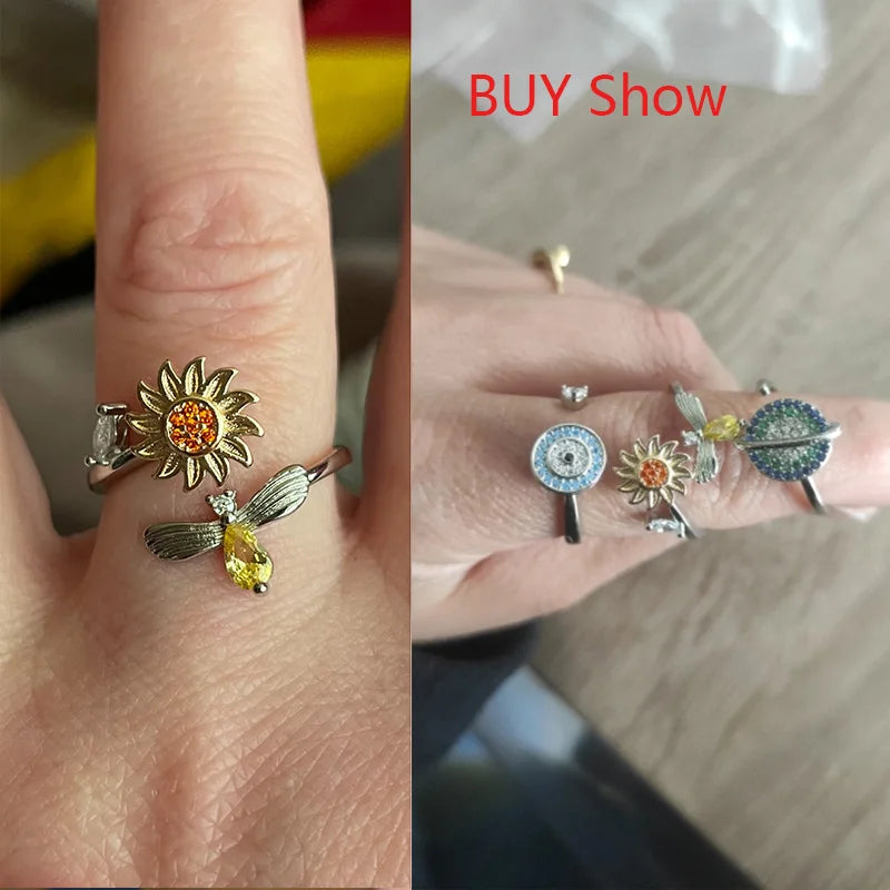 Anti Stress Anxiety Fidget Rings for Women Satinless Steel Spinner Sunflower Sun Star Ring Trendy Jewelry Gift Dropshipping