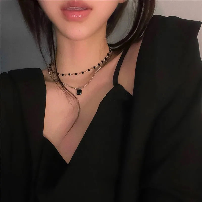 Women Choker Necklace Double Layer Beads Necklace Gift for Friend Silver Color Geometric Necklace Wholesale Collar Jewelry