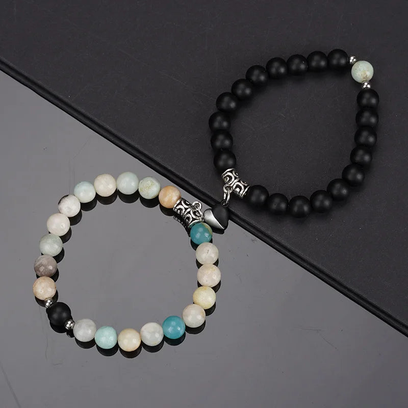 2Pcs/Set Natural Stone Beaded Heart Magnet Attraction Couple Bracelets For Women Men Simple Love Relationship Bracelet Jewelry