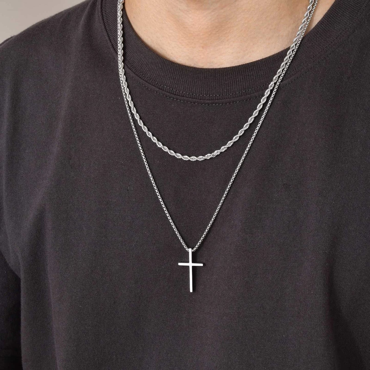 Vnox Mens Cross Necklaces, Stainless Steel Layered Plain Cross Pendant, Rope Box Chain Necklace, Simple Prayer Jesus Collar