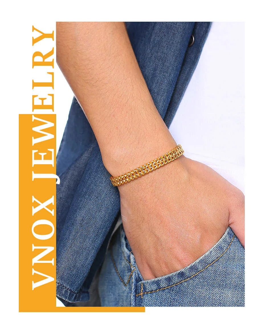 Vnox Vintage Oxidized Cool Double Curb Chain Bracelets for Men Stainless Steel Punk Antique Cubic Foxtail Chain Male Pulseira