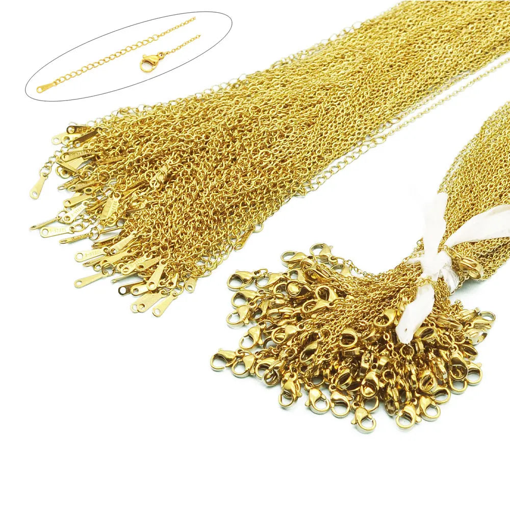 100pcs/Lot Bulk Wholesale 304 Stainless Steel Cable Link Rolo Chain Necklace Gold Color 45-50cm for DIY Jewelry Making Women