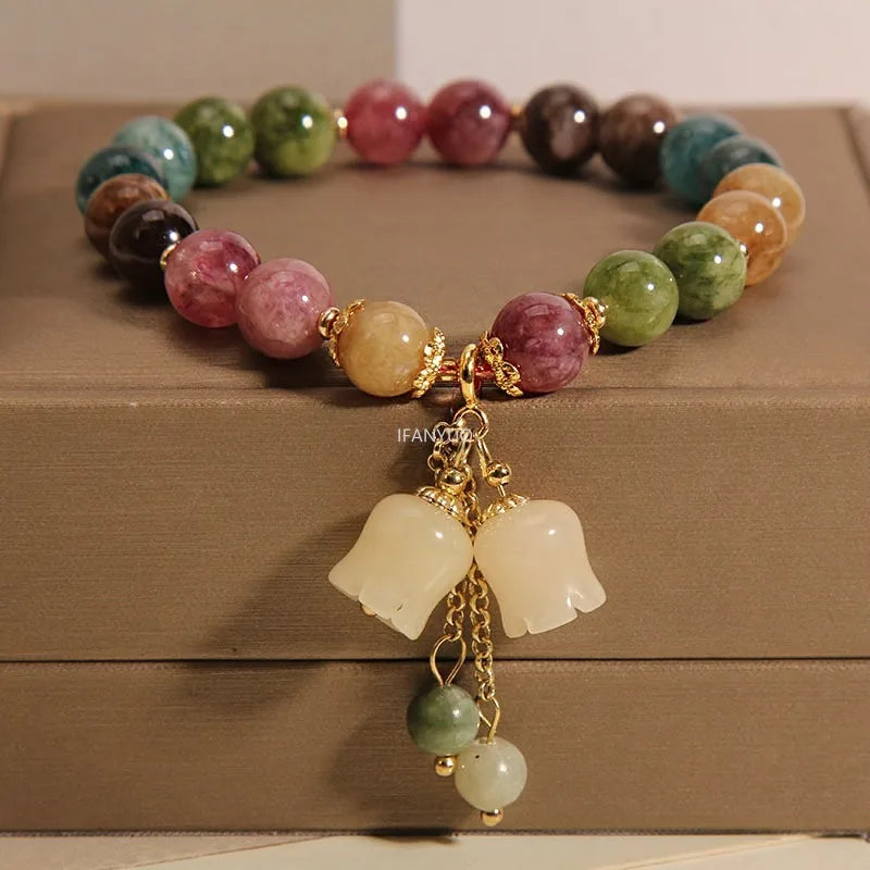 Fashion Natural Color Tourmaline Crystal Bracelets Women's Light Luxury Orchid Pendant Beaded Bracelet Birthday Party Jewelry