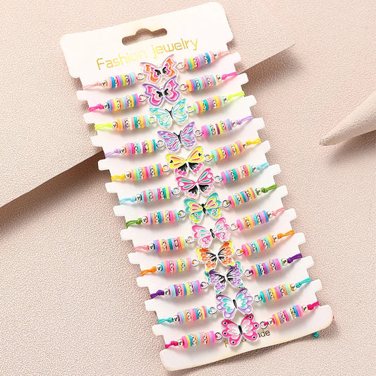 12Pcs/set Colorful Butterfly Summer Adjustable Cord Rope Bracelet for Girls Bestie Daughter Jewelry Friendship Gifts