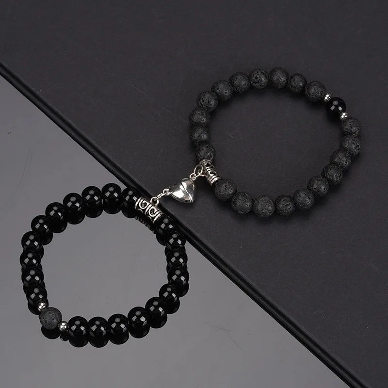 2Pcs/Set Natural Stone Beaded Heart Magnet Attraction Couple Bracelets For Women Men Simple Love Relationship Bracelet Jewelry